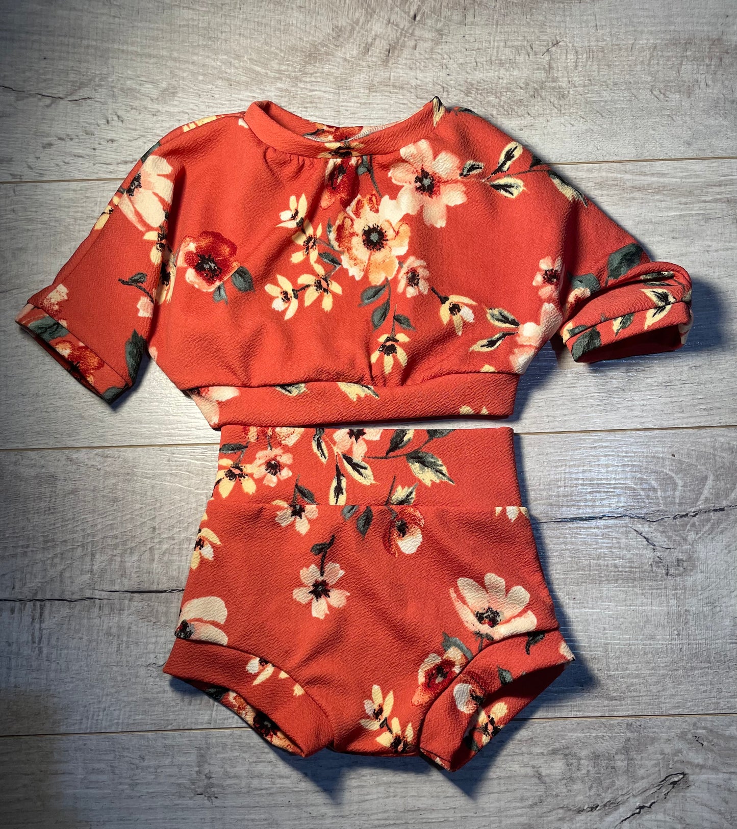 12mo Peachy Floral Cropped Lounge Top With Bummies Set