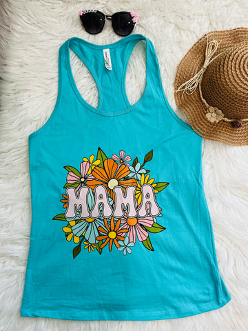 Adult Size Large Mama Floral Teal Racer Back Tank Top